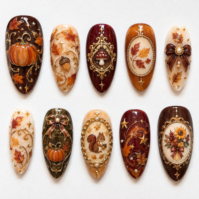 Thanksgiving Harvest Press On Nails with Pumpkins, Florals, Gold Filigree and Rhinestones
