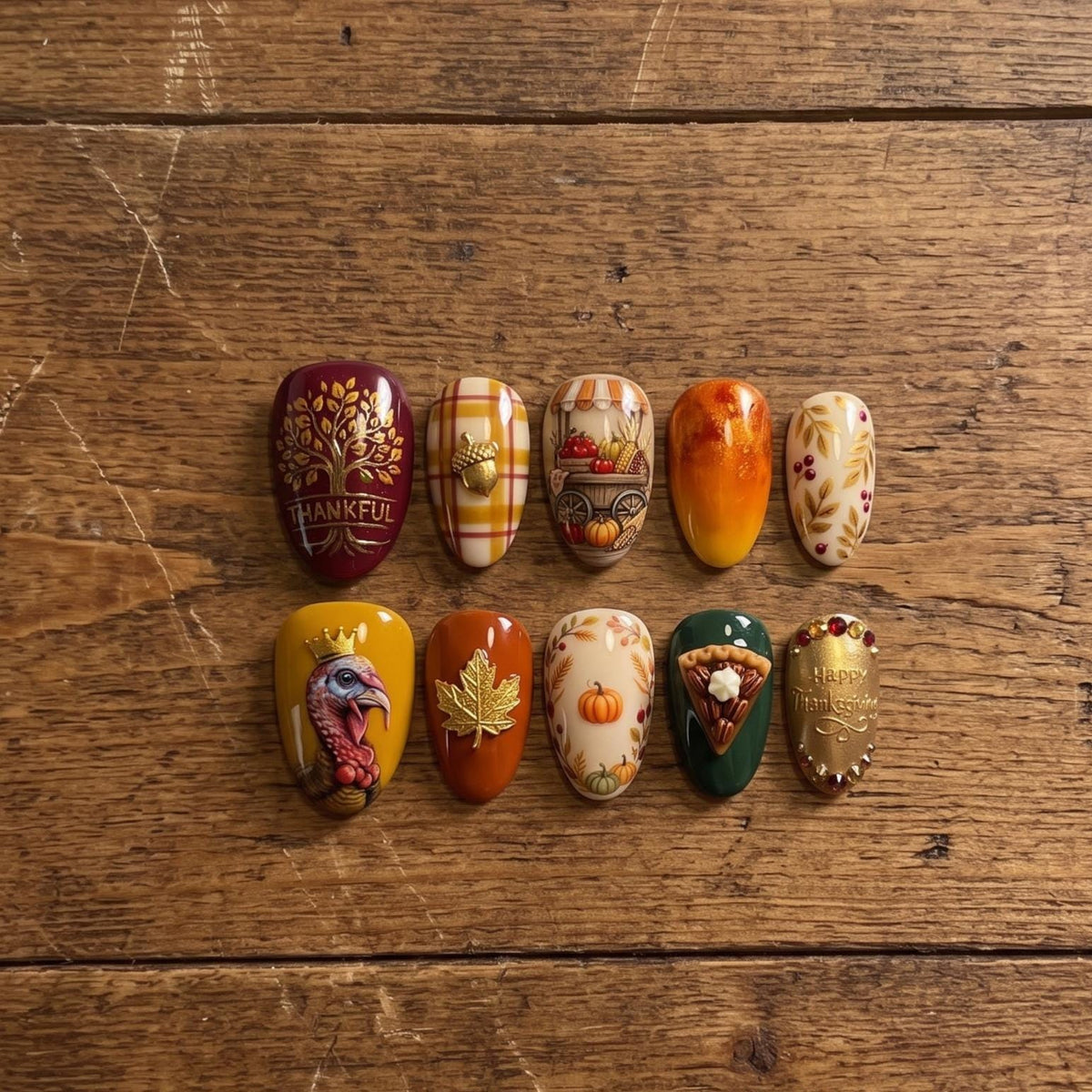 Thanksgiving Harvest Press On Nails With Turkey, Pumpkin, Pie, and Plaid Details