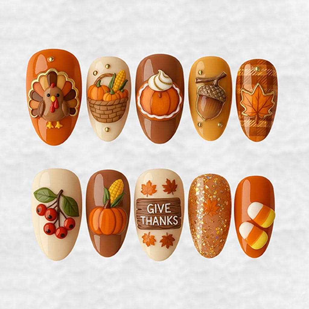Thanksgiving Harvest Press On Nails With Turkey, Pumpkins and Gold Glitter