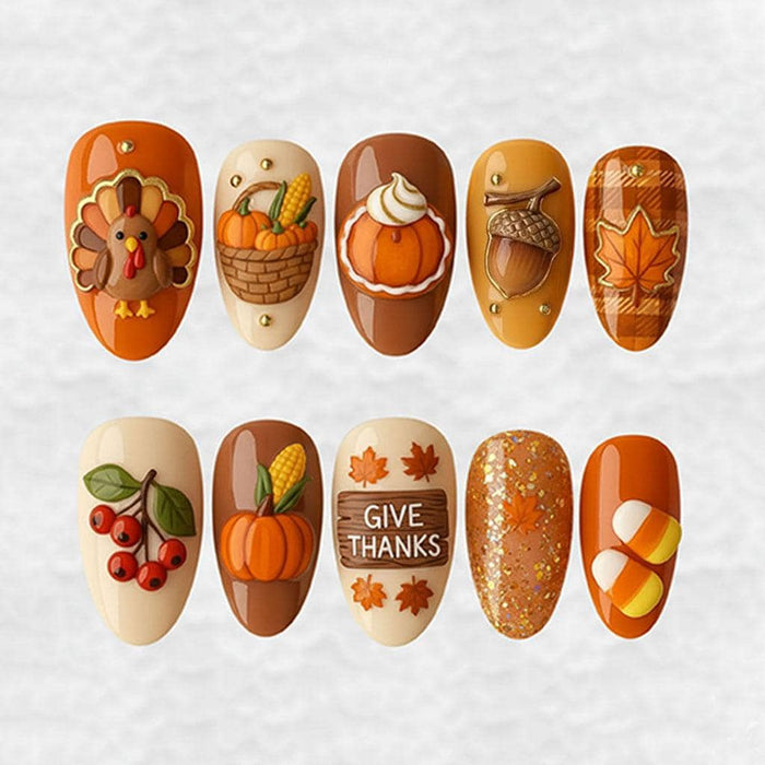 Thanksgiving Harvest Press On Nails With Turkey, Pumpkins and Gold Glitter