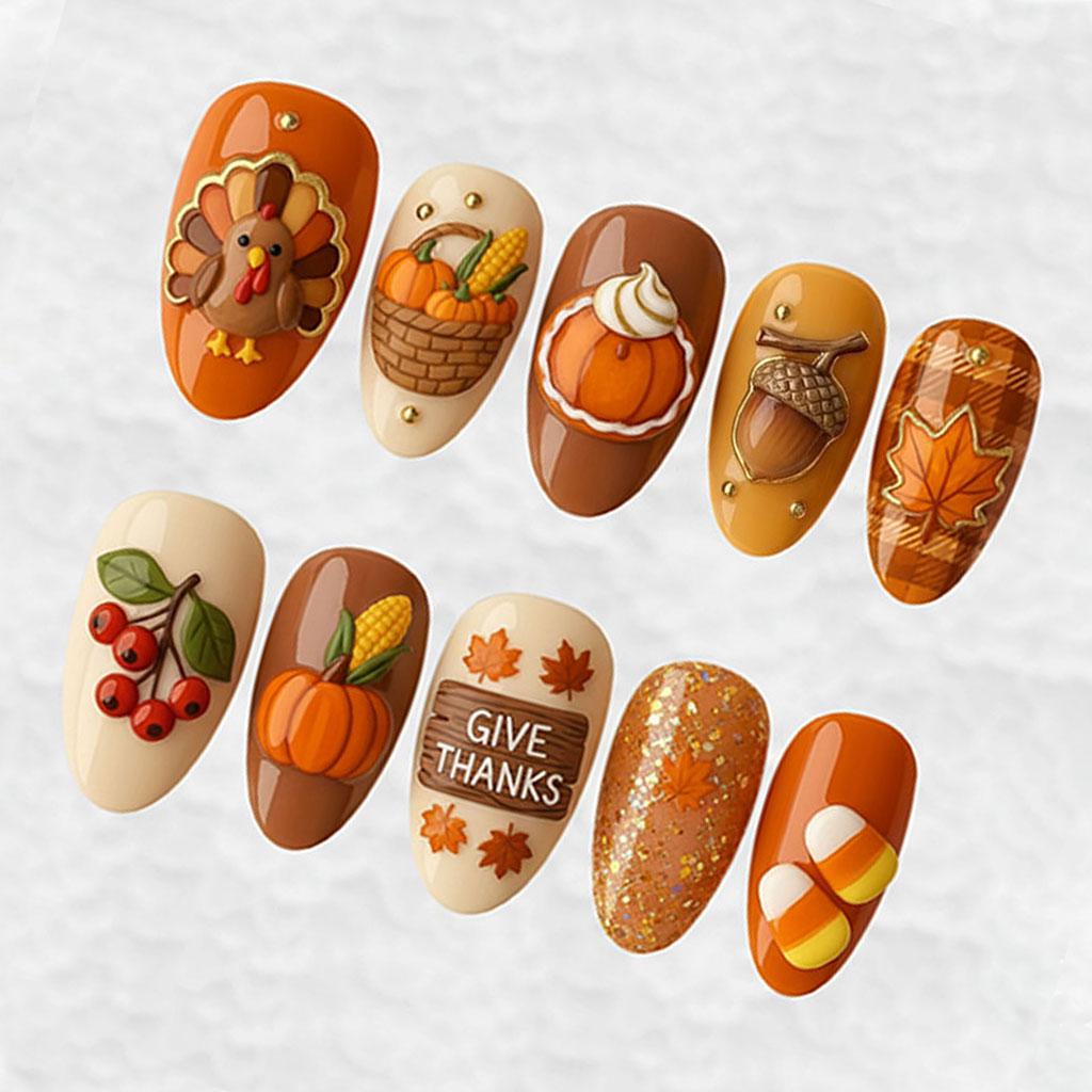 Thanksgiving Harvest Press On Nails With Turkey, Pumpkins and Gold Glitter
