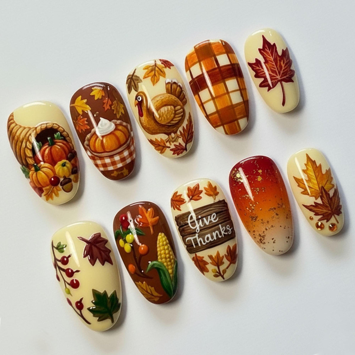 Thanksgiving Harvest Press-On Nails With Turkey, Pumpkin Pie, Plaid and Fall Leaves