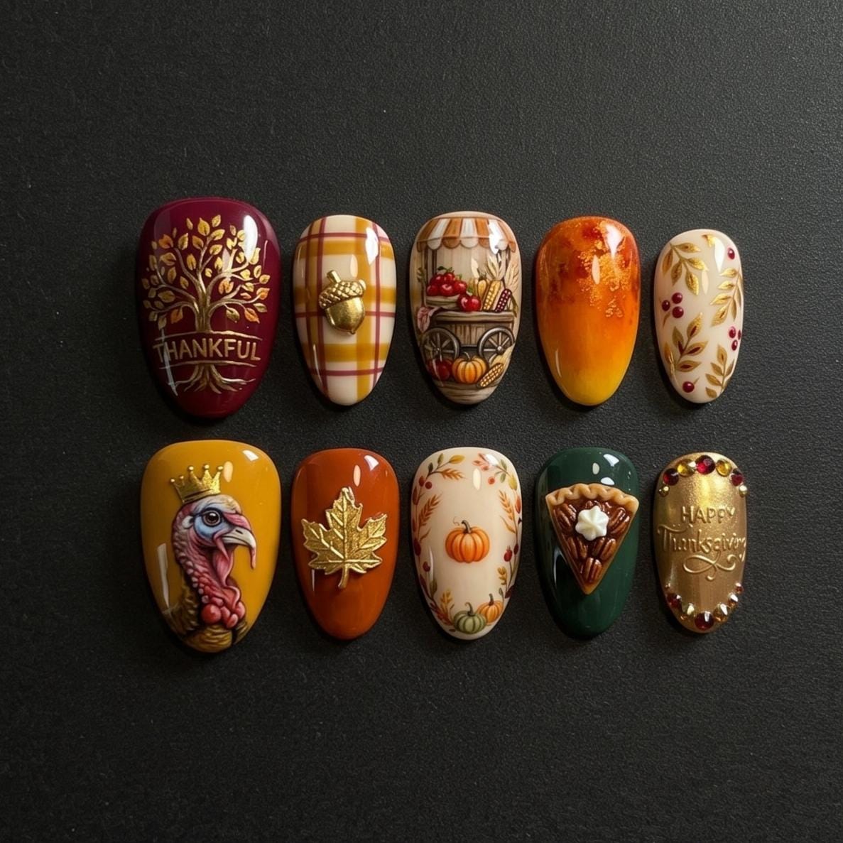Thanksgiving Harvest Press On Nails With Turkey, Pumpkin, Pie, and Plaid Details