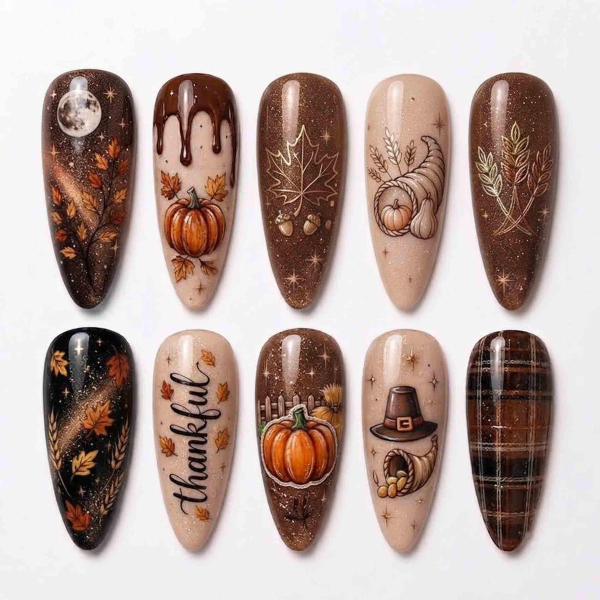Thanksgiving Harvest Pumpkin and Maple Leaf Nail Set