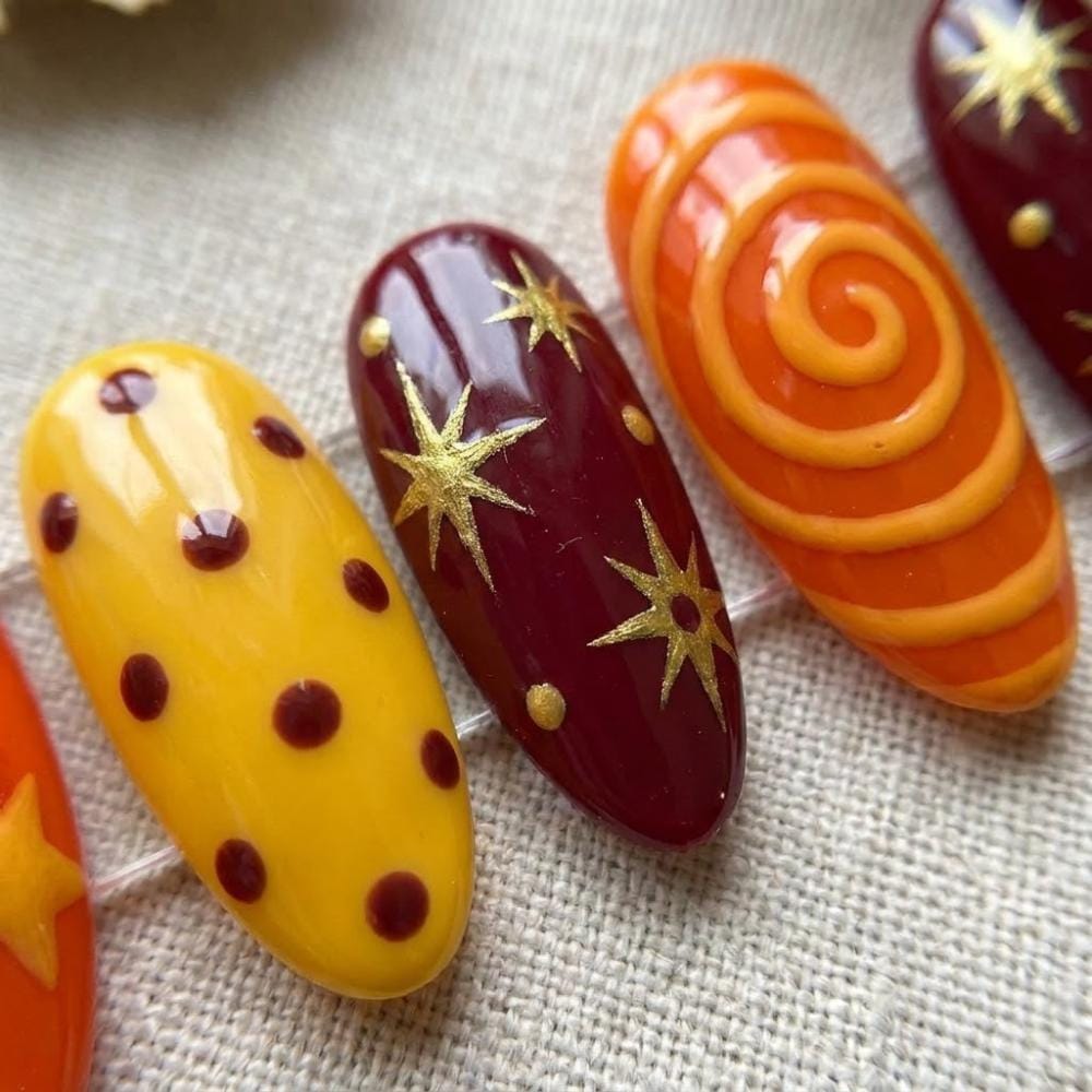 Thanksgiving Orange and Burgundy Starburst Swirl Press On Nails