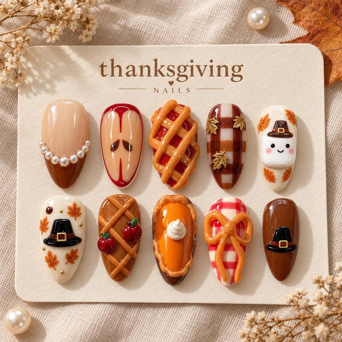 Thanksgiving Pie and Pilgrim Hat Nail Set with Gingham, Apples, and 3D Bow