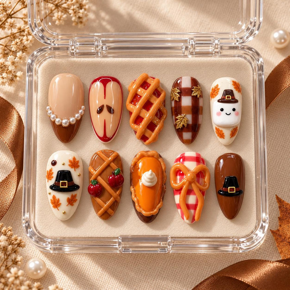Thanksgiving Pie and Pilgrim Hat Nail Set with Gingham, Apples, and 3D Bow