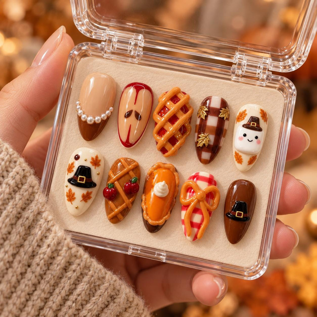 Thanksgiving Pie and Pilgrim Hat Nail Set with Gingham, Apples, and 3D Bow