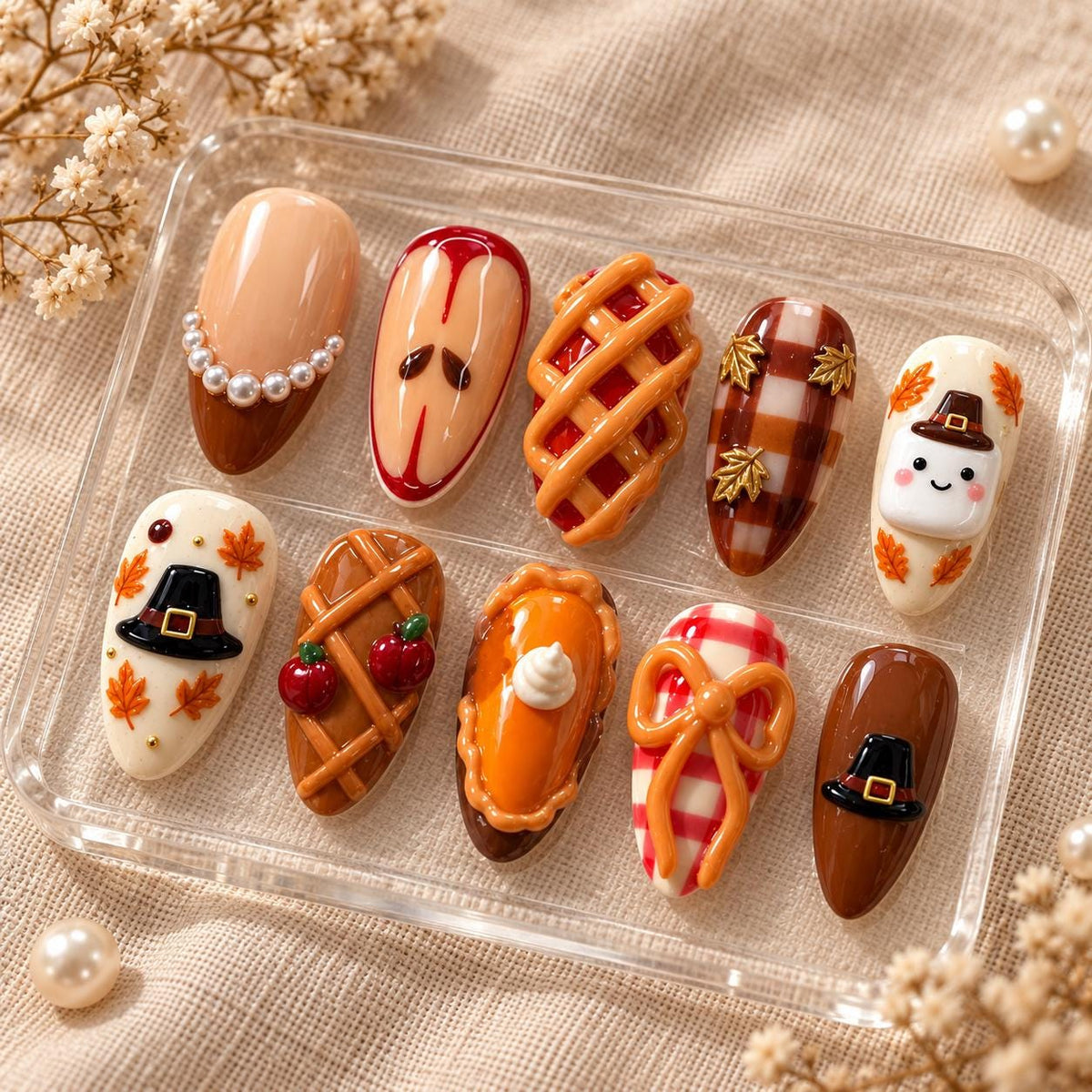 Thanksgiving Pie and Pilgrim Hat Nail Set with Gingham, Apples, and 3D Bow