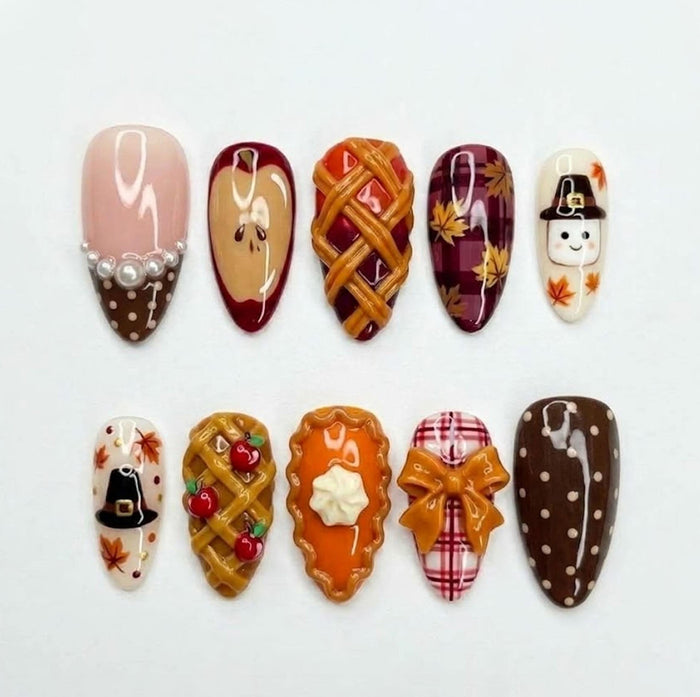 Thanksgiving Pie Press On Nails With 3D Lattice Pies, Autumn Leaves, Bows & Plaid