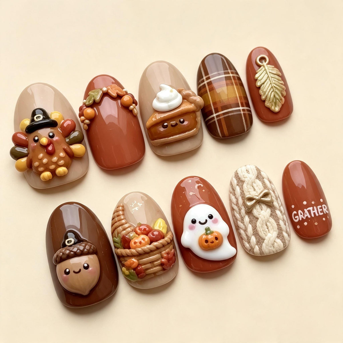 Thanksgiving Press-On Nails with 3D Turkey, Pumpkin Pie, Ghost, and Knit Plaid