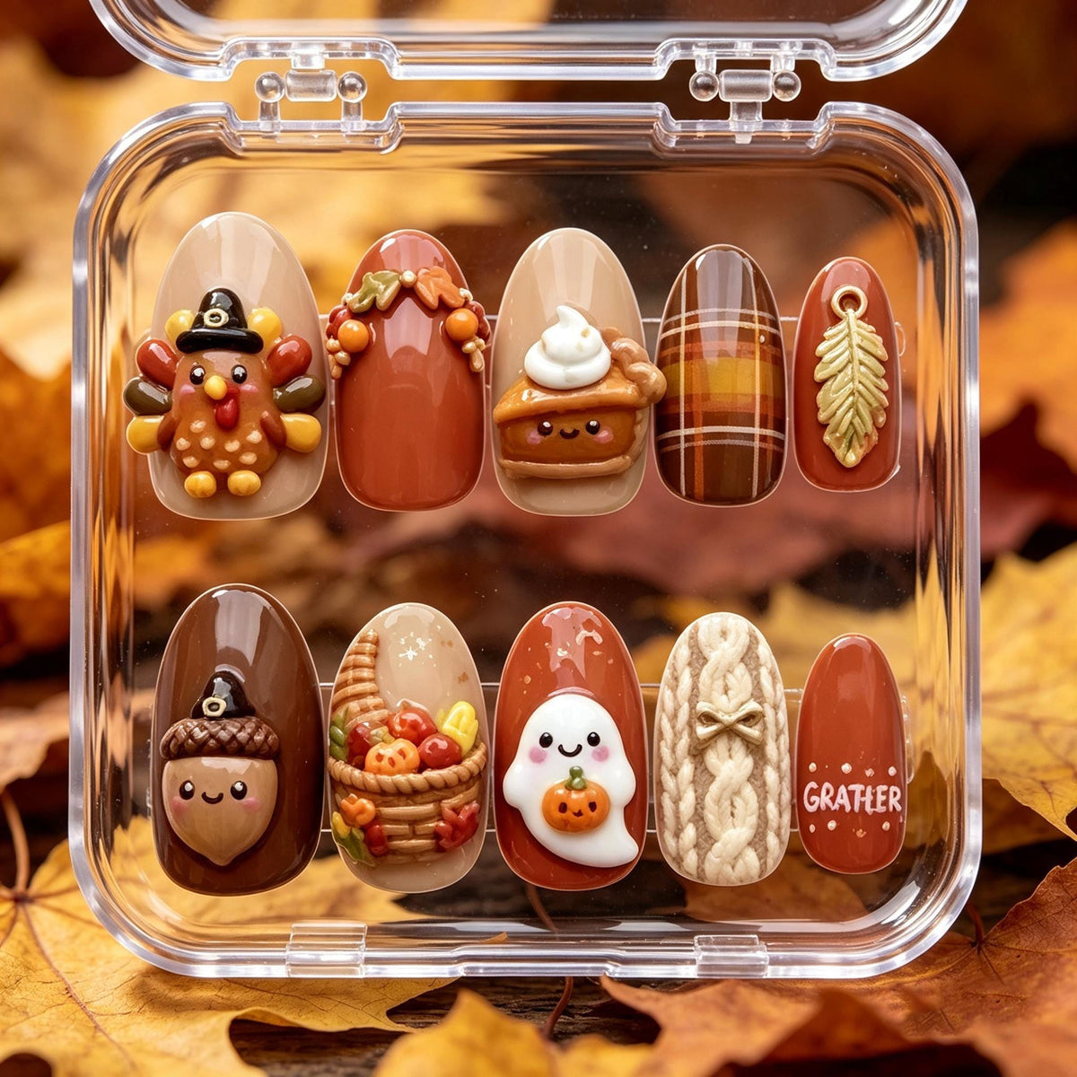 Thanksgiving Press-On Nails with 3D Turkey, Pumpkin Pie, Ghost, and Knit Plaid
