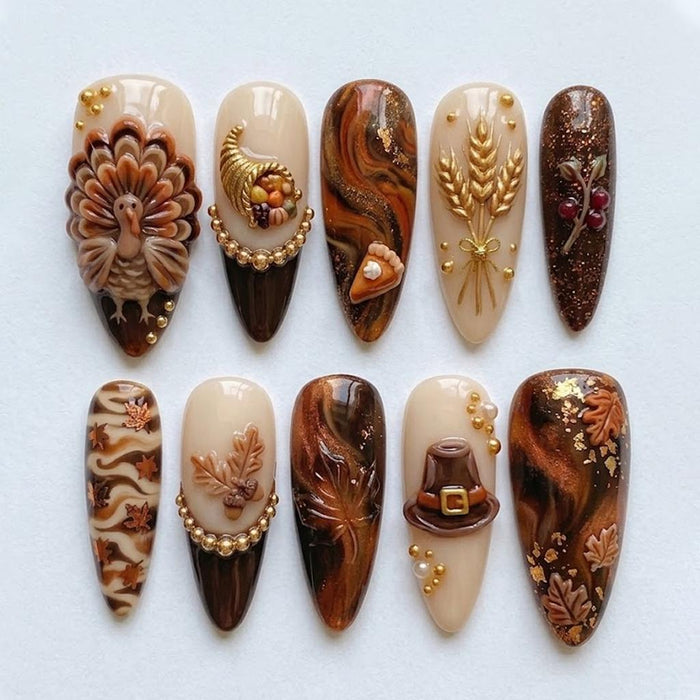 Thanksgiving Press On Nails with 3D Turkey, Wheat, Autumn Leaves and Gold Accents