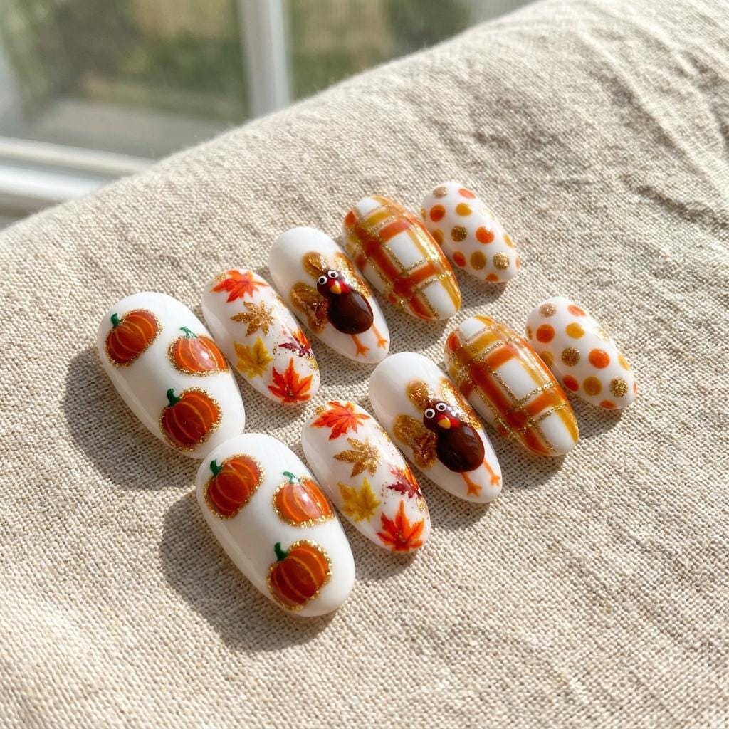 Thanksgiving Press On Nails With 3D Turkeys, Pumpkins, Fall Leaves and Plaid