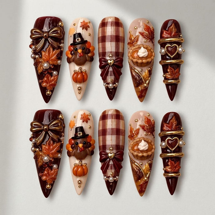 Thanksgiving Press-On Nails With Burgundy Plaid, Turkey, Pumpkin Pie and 3D Bows