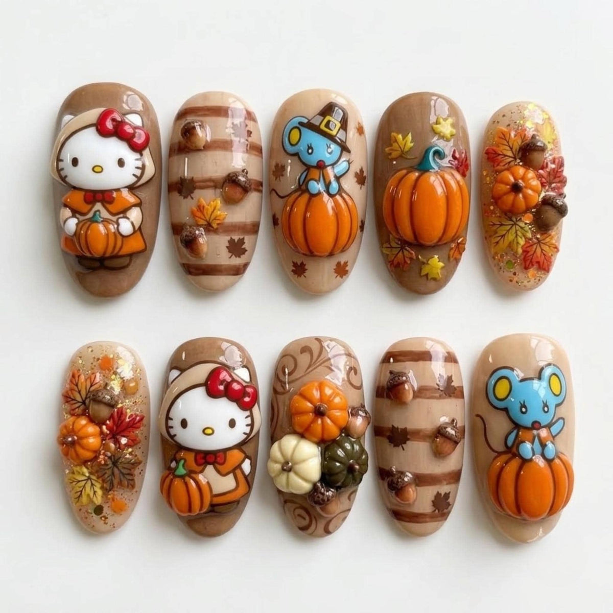 Thanksgiving Press On Nails With Pumpkins, Acorns, and Plaid