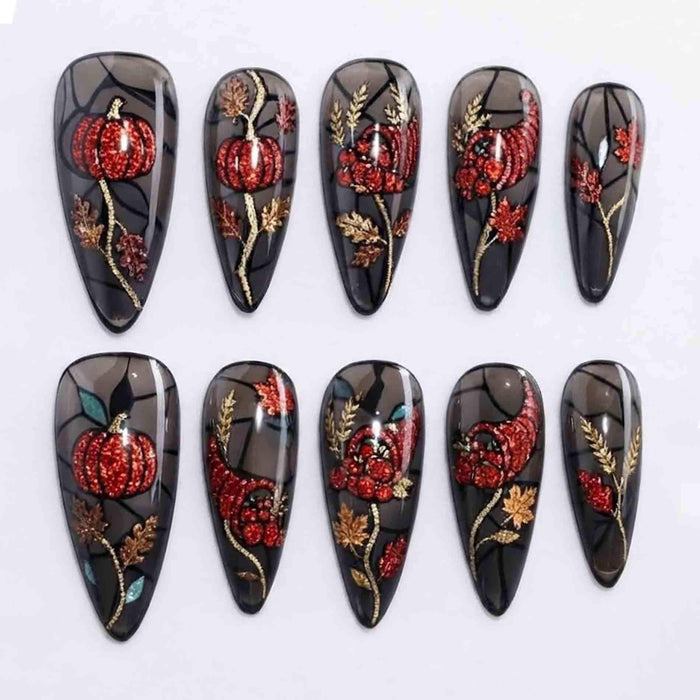Thanksgiving Press On Nails with Red Glitter Pumpkins and Gold Autumn Foliage