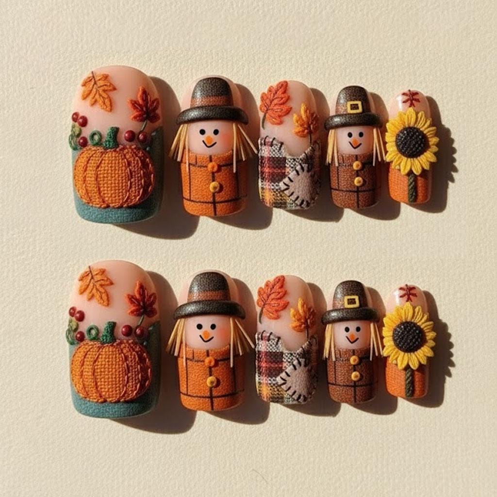 Thanksgiving Press On Nails With Scarecrows, Pumpkins, Sunflowers and Plaid