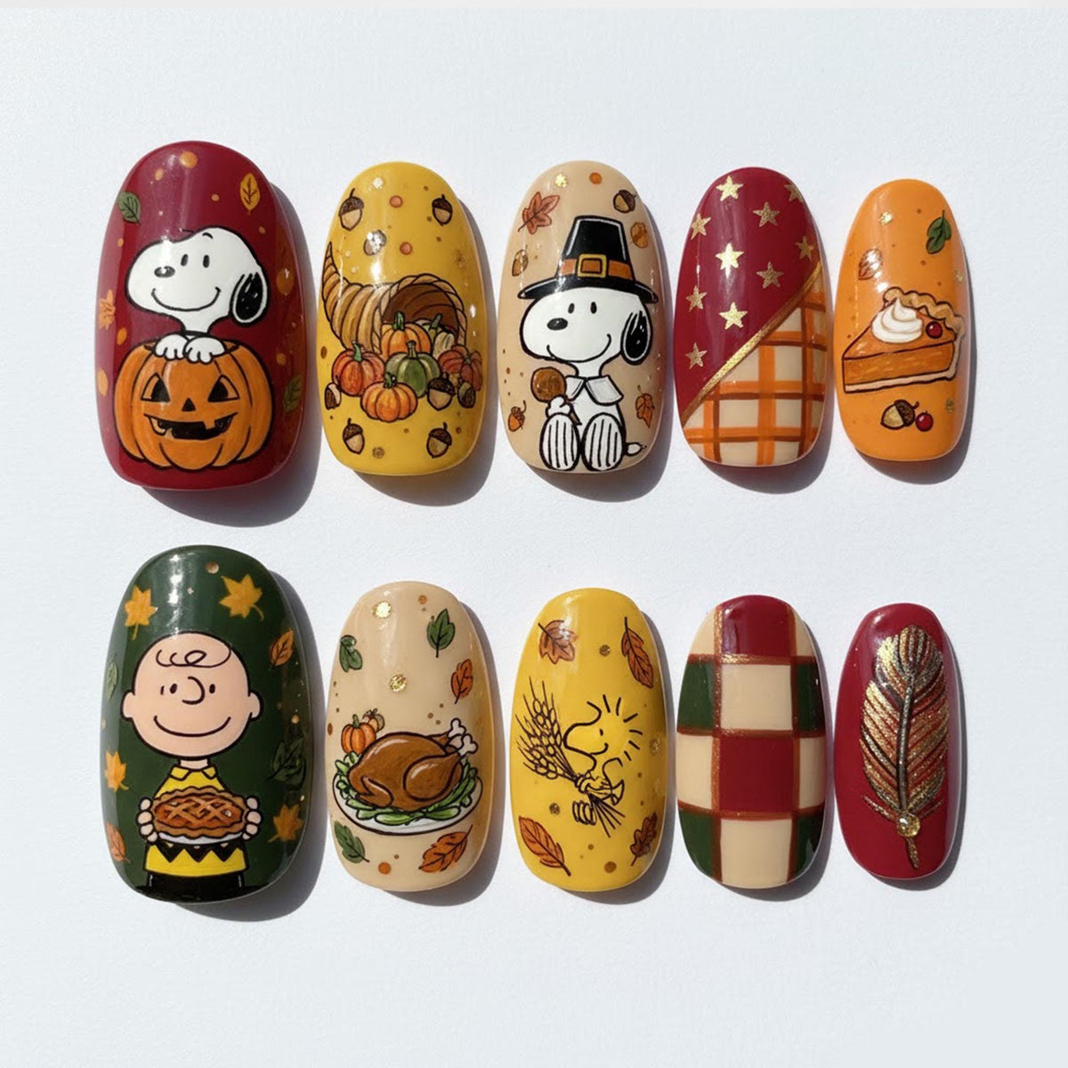 Thanksgiving Press-On Nails With Snoopy, Charlie Brown, Pumpkins and Harvest Art