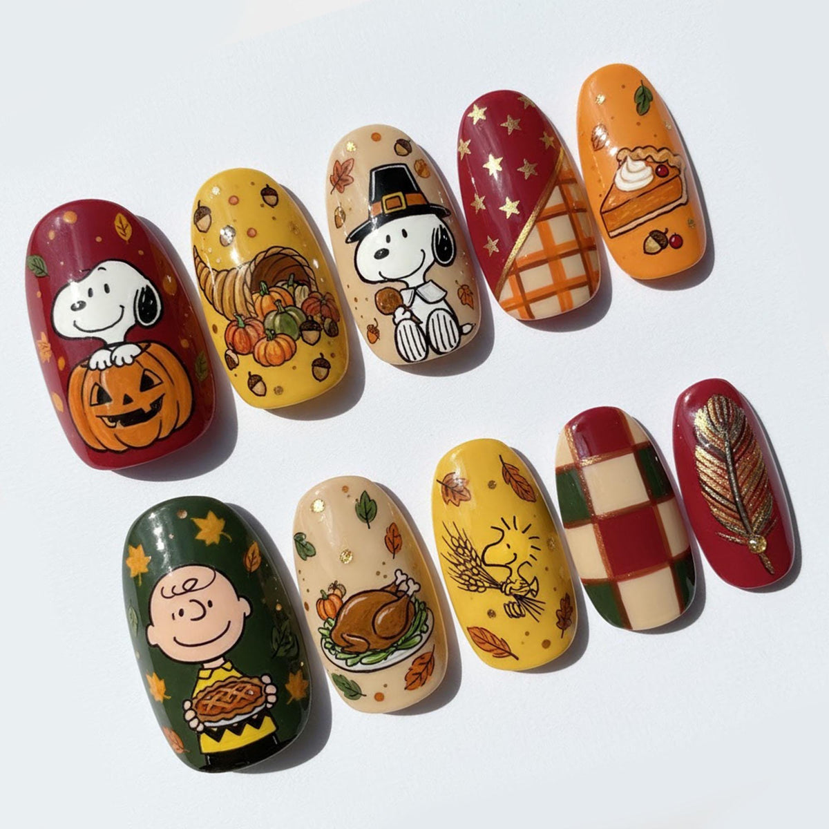 Thanksgiving Press-On Nails With Snoopy, Charlie Brown, Pumpkins and Harvest Art