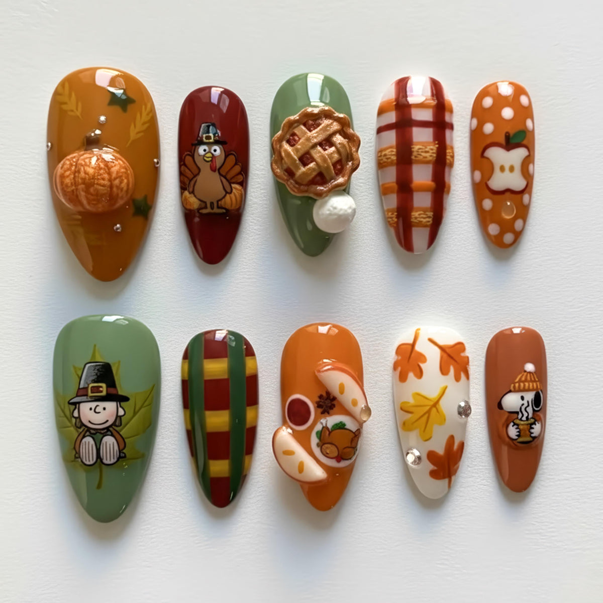 Thanksgiving Press On Nails with Snoopy, Pumpkin, Pie, Plaid & Fall Leaves