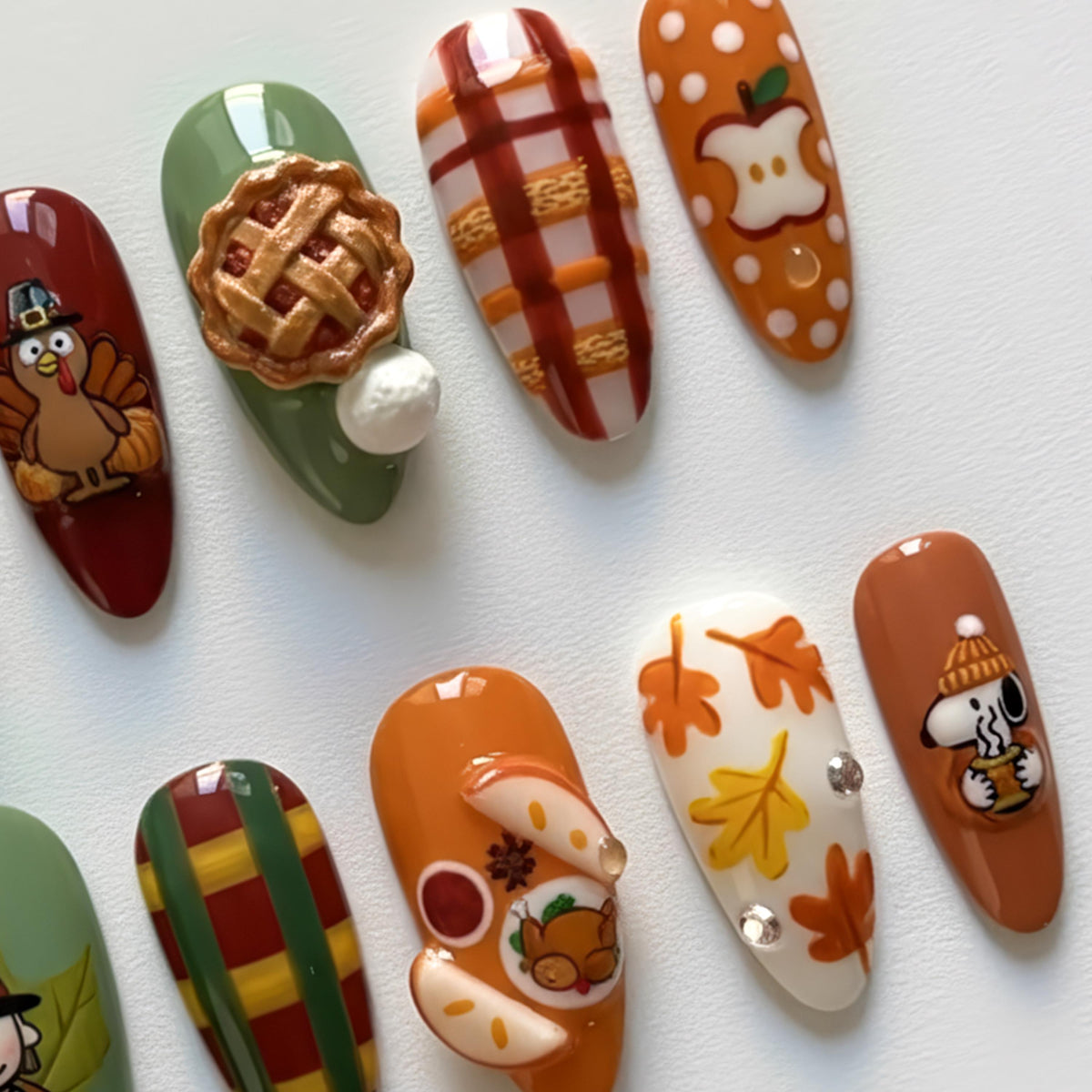 Thanksgiving Press On Nails with Snoopy, Pumpkin, Pie, Plaid & Fall Leaves