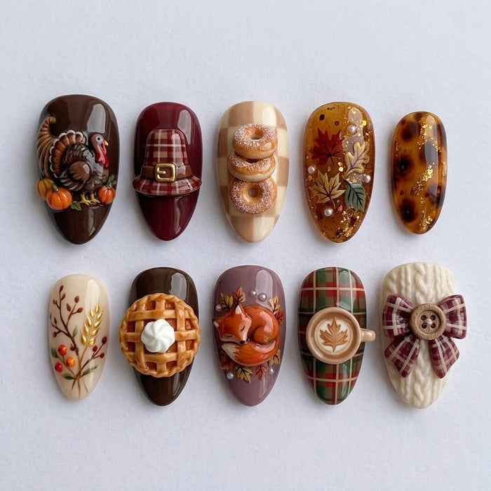 Thanksgiving Press On Nails With Turkey, Fox, Pumpkin Pie, Plaid and Cozy Fall Details