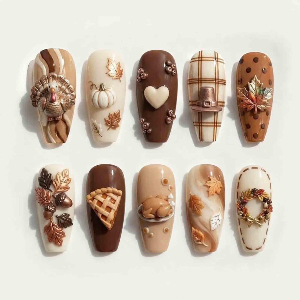 Thanksgiving Press-On Nails with Turkey, Pumpkin Pie, Maple Leaves and Plaid