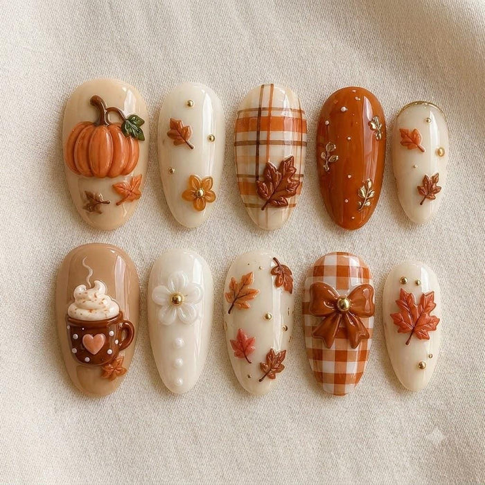 Thanksgiving Pumpkin and Maple Leaf Press-On Nails with Plaid, Mug and 3D Details