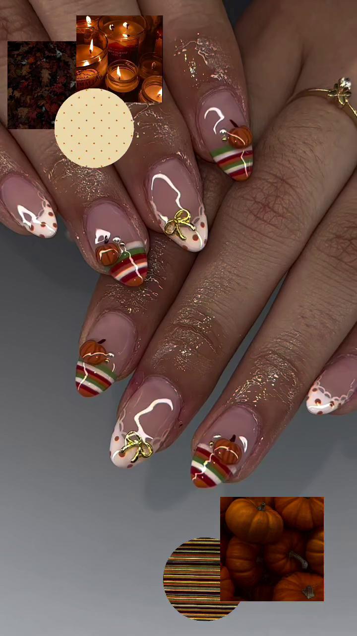 Thanksgiving Pumpkin French Tip Nail Set With Stripes and Gold-Tone Charms