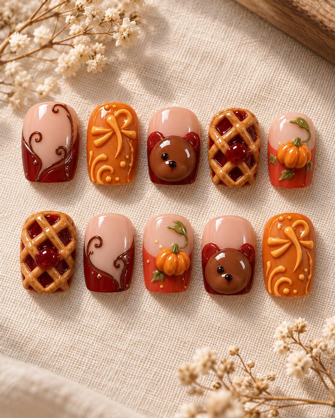 Thanksgiving Pumpkin, Pie, Bear Face and Bow Press On Nails