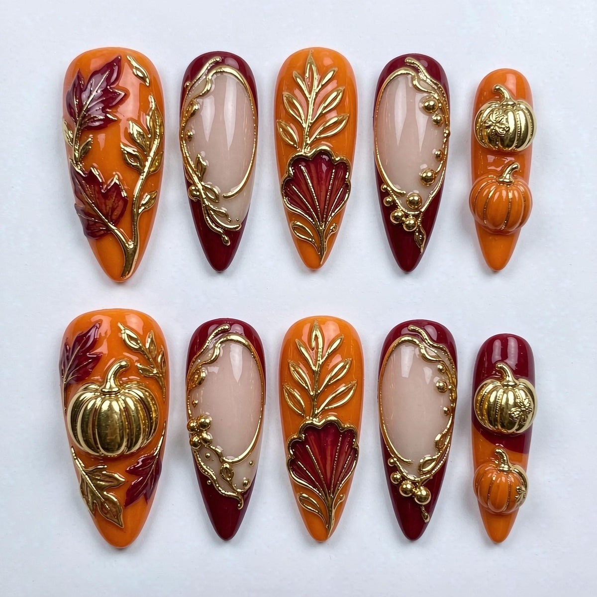 Thanksgiving Pumpkin Press On Nails With Gold Botanical Details