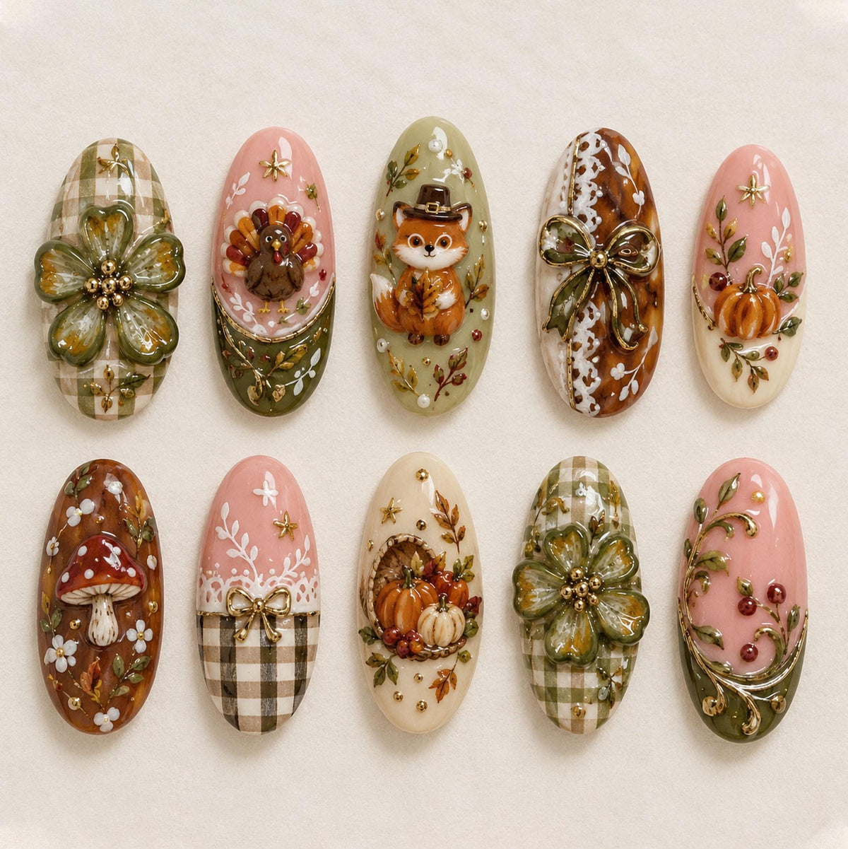 Thanksgiving Sage Gingham Mushroom, Pumpkin & Fox Fall Nail Set