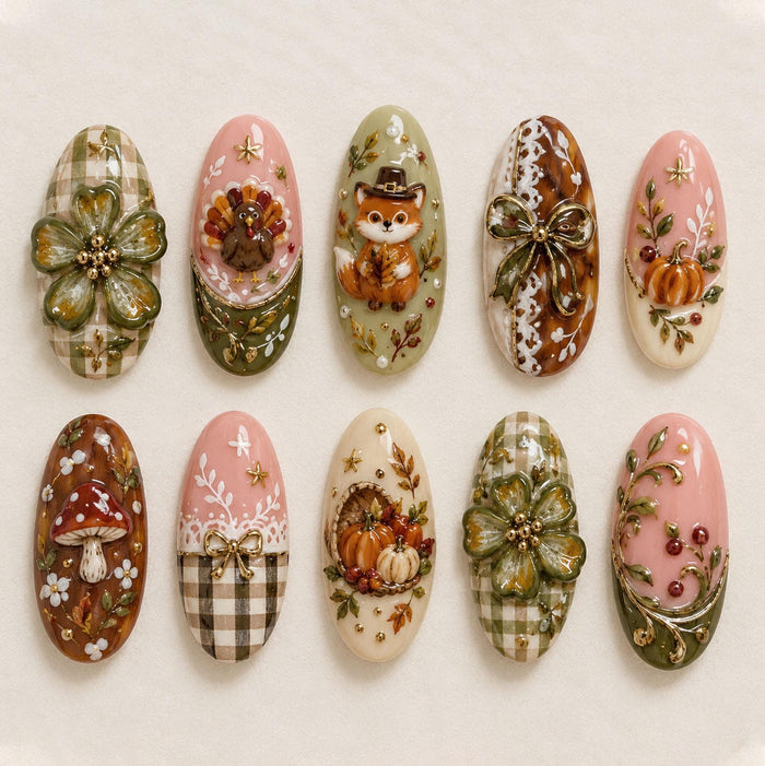 Thanksgiving Sage Gingham Mushroom, Pumpkin & Fox Fall Press On Nail Set