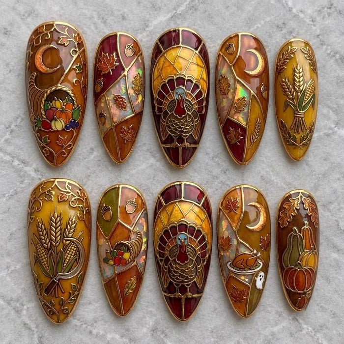Thanksgiving Stained Glass Press On Nails With Turkeys, Pumpkins, and Gold Details