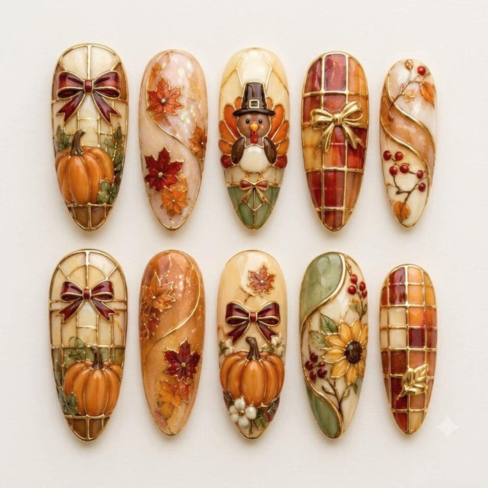 Thanksgiving Stained Glass Press On Nails with Turkeys, Pumpkins, Maple Leaves and Bows