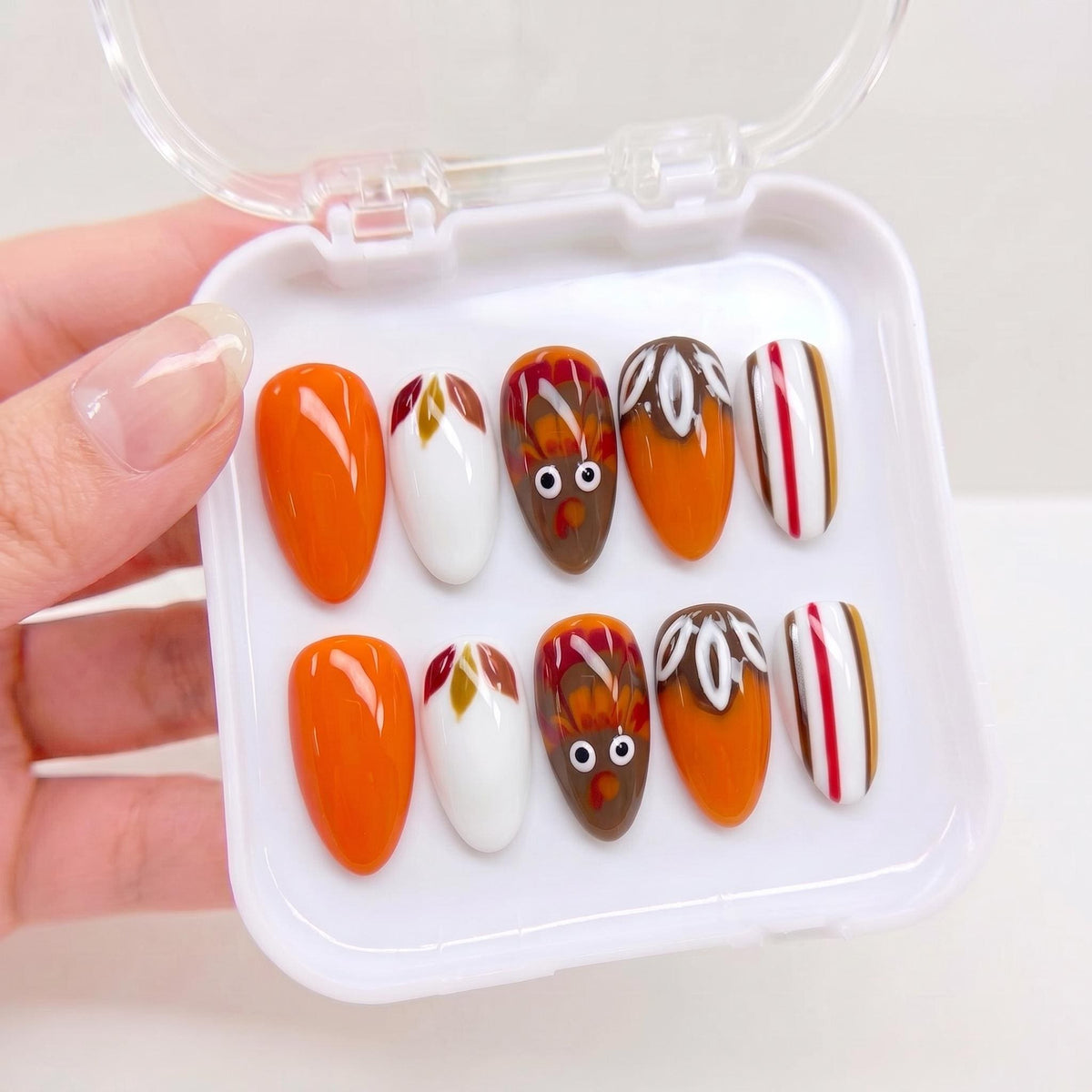 Thanksgiving Turkey and Autumn Leaf Nail Set in Orange, White, and Brown