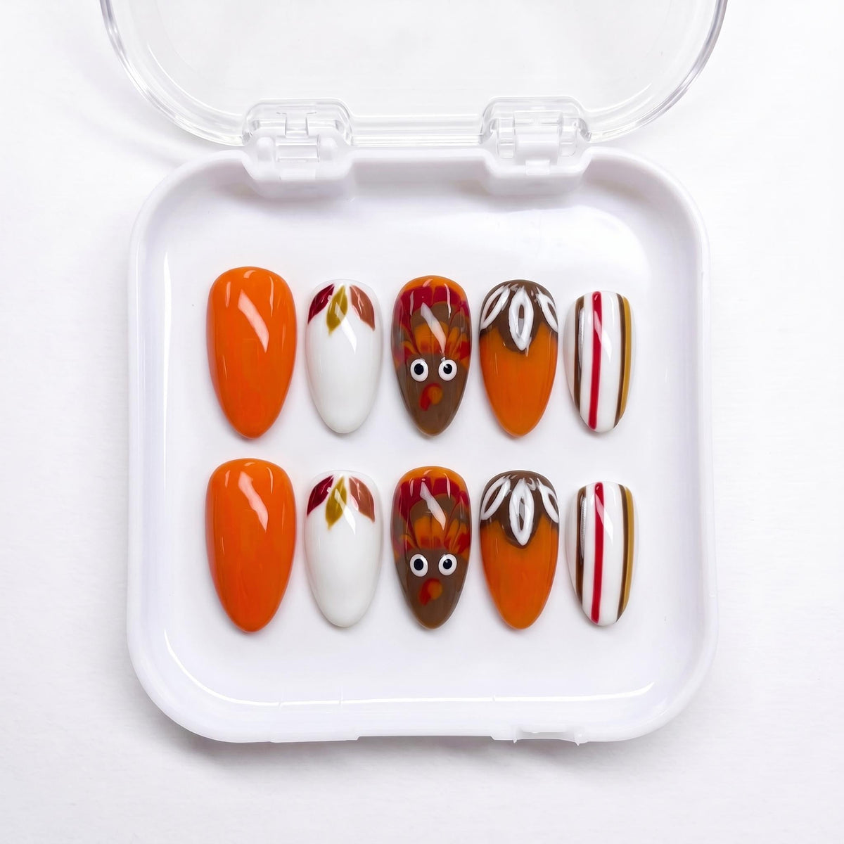 Thanksgiving Turkey and Autumn Leaf Nail Set in Orange, White, and Brown