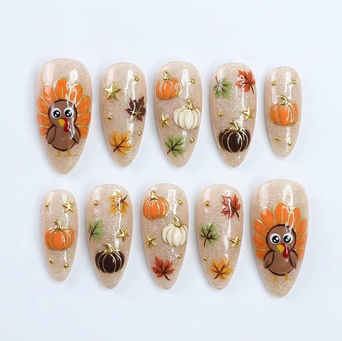 Thanksgiving Turkey and Pumpkin Nails With Autumn Leaves and Gold Stars