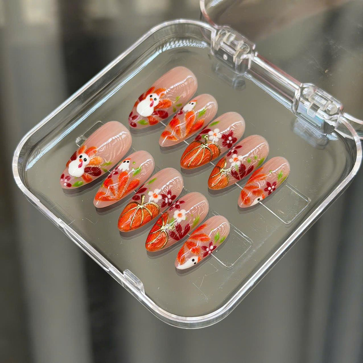 Thanksgiving Turkey and Pumpkin Nails With Autumn Leaves and Flowers
