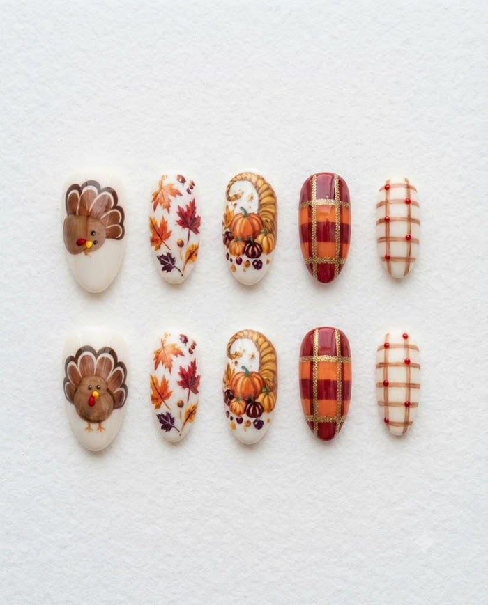 Thanksgiving Turkey, Autumn Leaves & Plaid Press On Nails