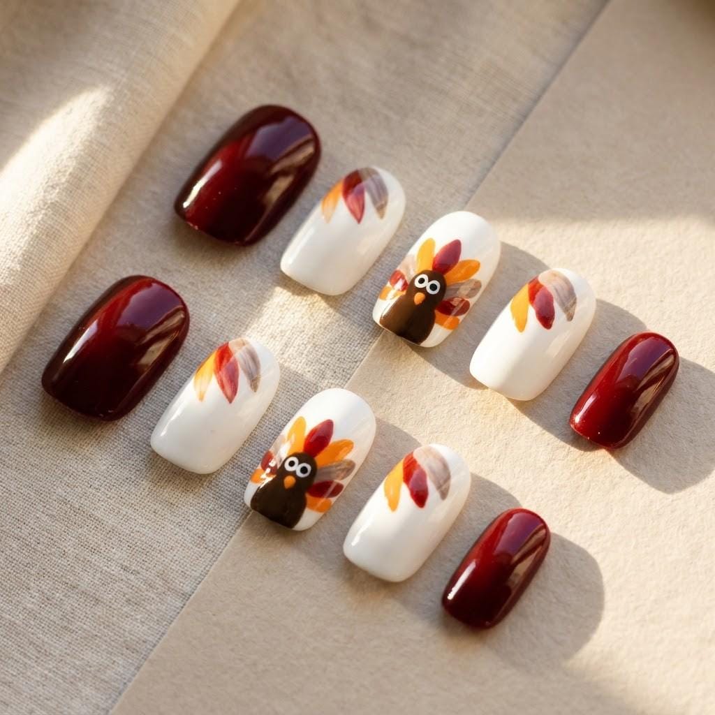 Thanksgiving Turkey Press On Nails in Burgundy, White, and Autumn Feather Colors