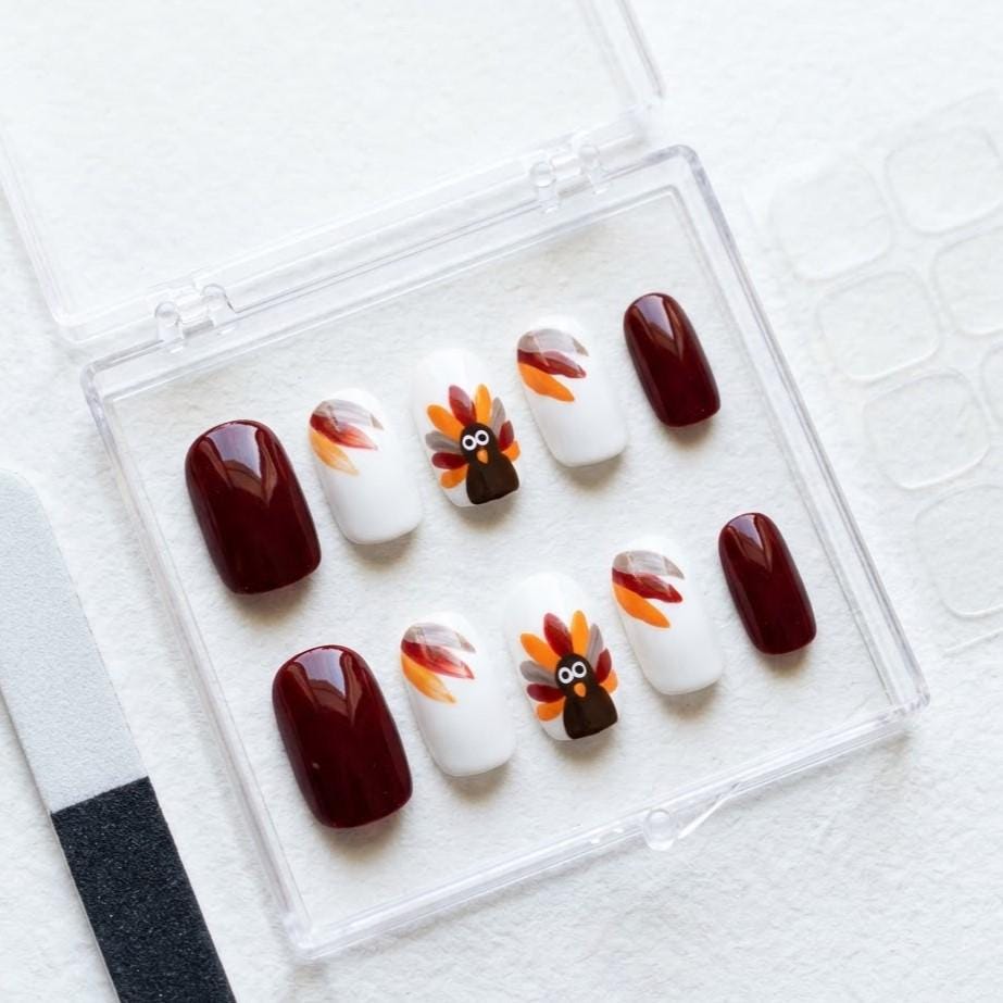 Thanksgiving Turkey Press On Nails in Burgundy, White, and Autumn Feather Colors