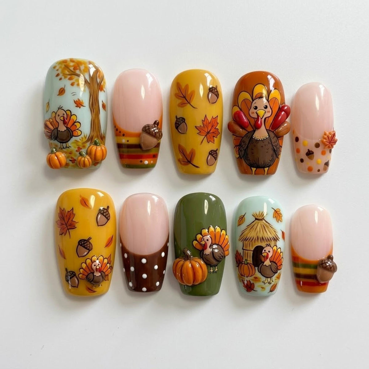 Thanksgiving Turkey Press On Nails With 3D Pumpkins, Acorns & Fall Leaves