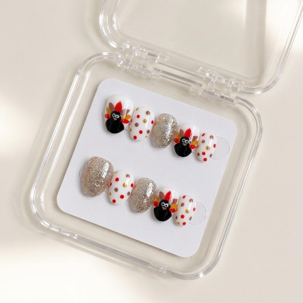 Thanksgiving Turkey Press On Nails With Autumn Dots and Silver Holographic Glitter