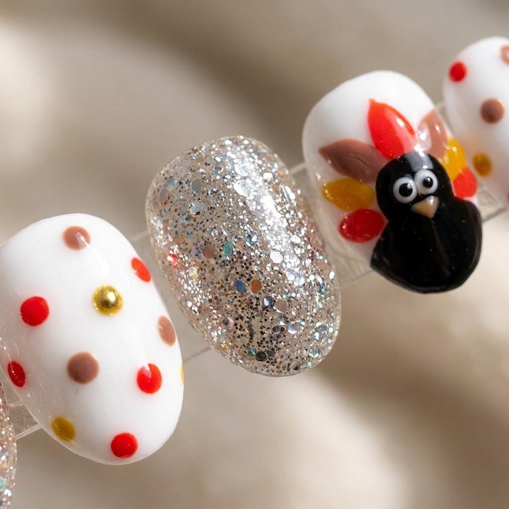 Thanksgiving Turkey Press On Nails With Autumn Dots and Silver Holographic Glitter