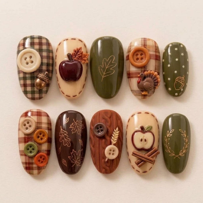 Thanksgiving Turkey Press On Nails with Plaid, Apples, Buttons and Autumn Details
