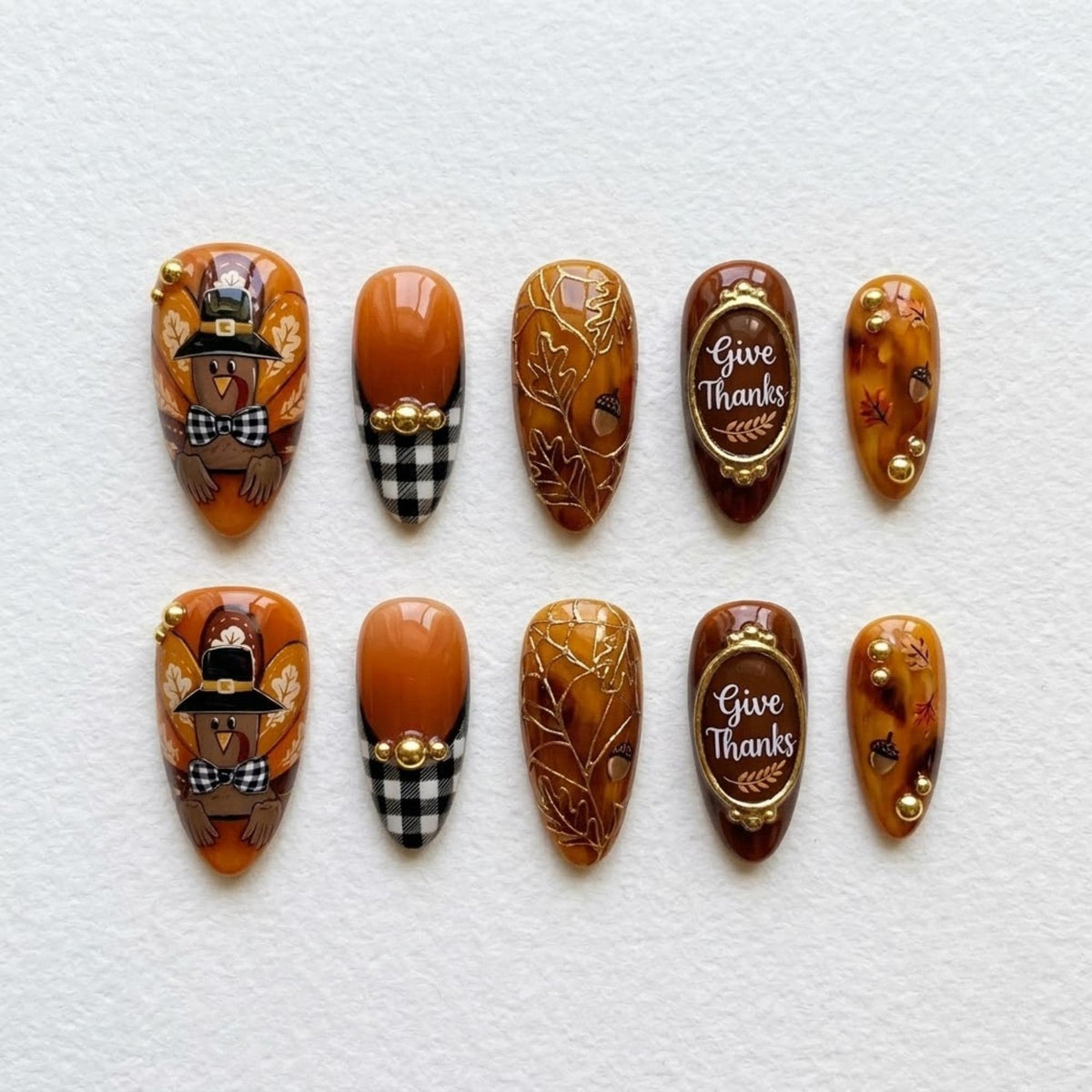 Thanksgiving Turkey Press On Nails With Plaid, Gold Leaves & Give Thanks Details