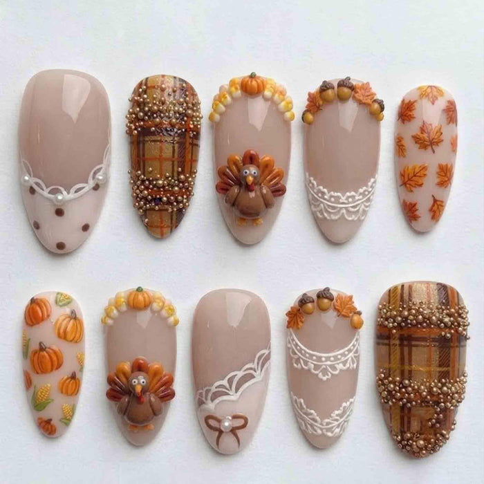 Thanksgiving Turkey, Pumpkin and Beaded Plaid Press-On Nail Set