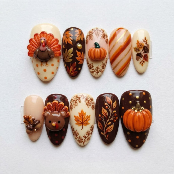 Thanksgiving Turkey, Pumpkin & Autumn Leaf 3D Press On Nail Set